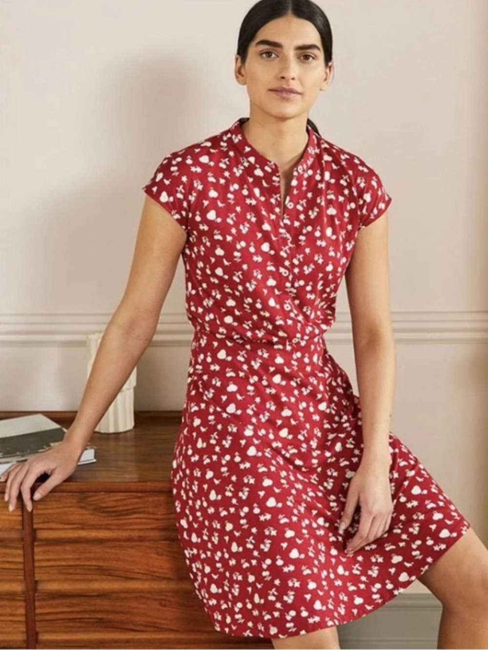 Boden - Flippy Jersey Floral Short Sleeve Boho Half Button Mini Dress Size 4 P